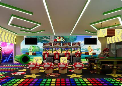 Super Mario themed game room design with custom arcade machines, mushroom stools, and colorful LED flooring for home entertainment.