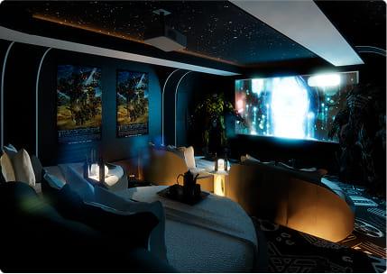 Transformers themed home theater design featuring curved modern sofas, cinematic lighting, and collectible statues.