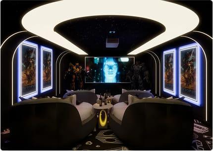 Luxury Transformers home theater setup with ambient LED lights, themed wall posters, and immersive layout.